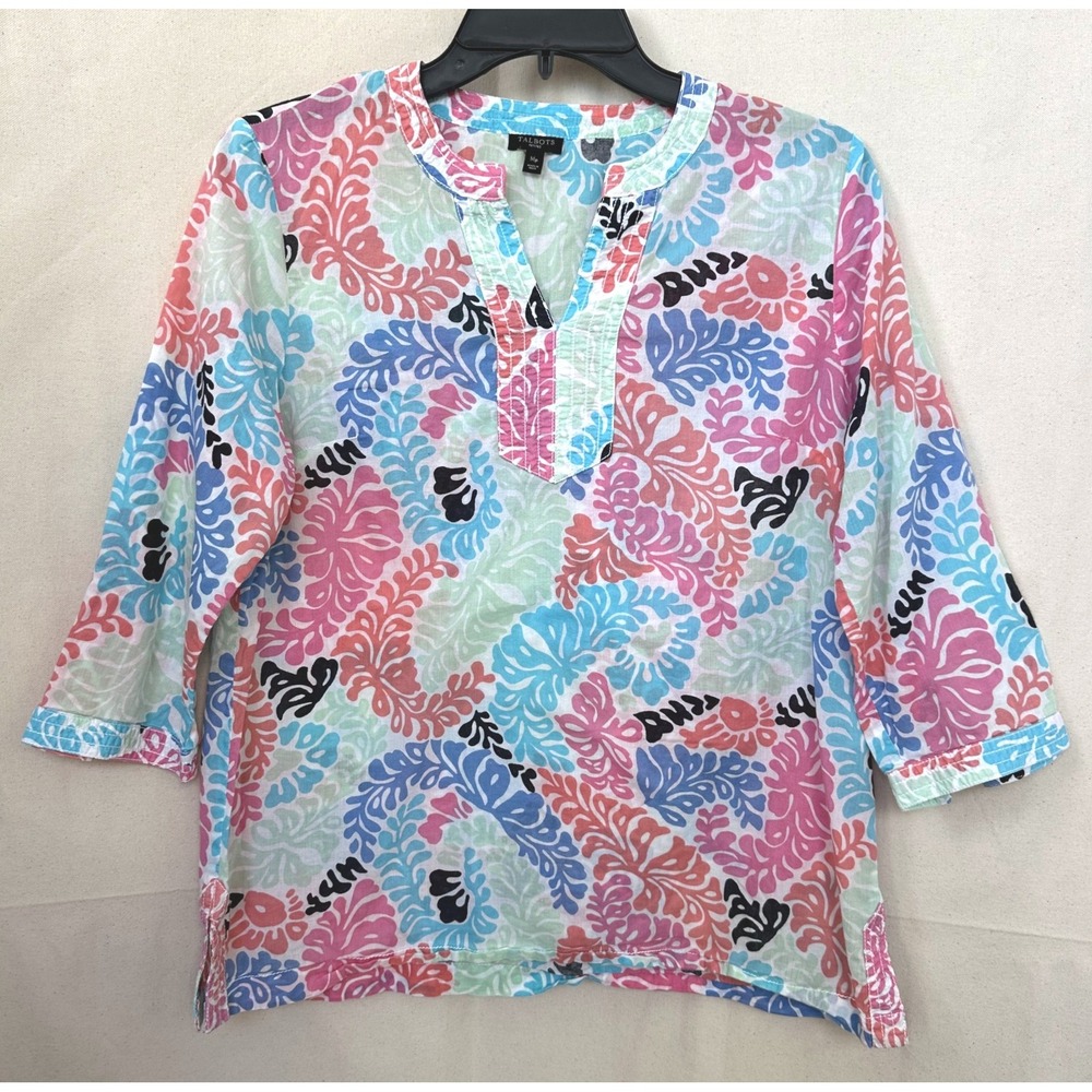 Talbots Petites Floral Cotton Tunic Blouse 3/4 Sleeve Sz‎ MP Resortwear Beachy